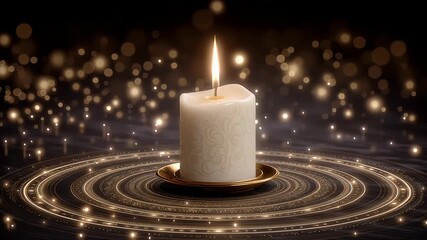 Candle burns brightly on a circular base with a dark background. Surrounding sparkles create a tranquil atmosphere. Concept of wellness, meditation, relaxation