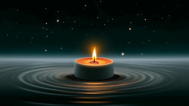 Candle flame flickers and casts warm glow on water. Dark background with starry night creates tranquil atmosphere. Concept of wellness, relaxation, meditation
