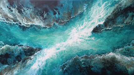 Rich shades of turquoise and black collide to form dynamic waves. The painting showcases a stunning ocean view, evoking feelings of movement and depth.