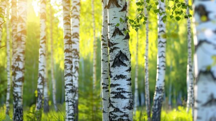Naklejka premium A serene birch forest with sunlight filtering through the leaves. The trees have white bark and green foliage, creating a peaceful natural environment.