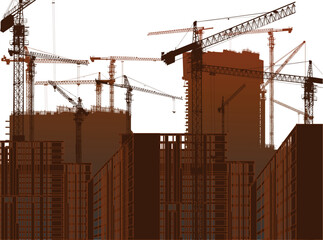 high large cranes build brown houses on white