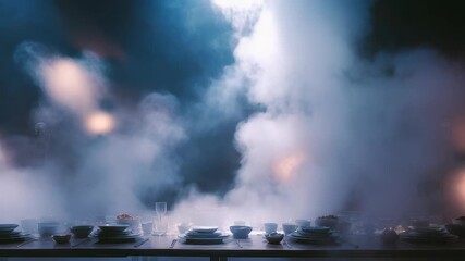 Elegant tableware is arranged on a long table enveloped in thick, ethereal smoke, creating a surreal and cinematic ambiance. The setting suggests a unique, immersive dining experience