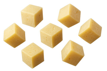 Cheese cubes floating, savory dairy appetizer ingredient, yellow food pieces for cooking or snacking, transparent background
