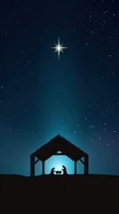 Fototapeta premium A serene silhouette of the Nativity scene under a starry night sky, illuminated by a brilliant guiding star. ..Created with Generative AI, not depicting real subjects.