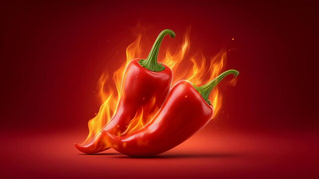 Chili peppers ignite with flames, creating a dynamic visual of heat and spice. Bold red background enhances fiery effect. Concept of culinary arts, food products, restaurant marketing