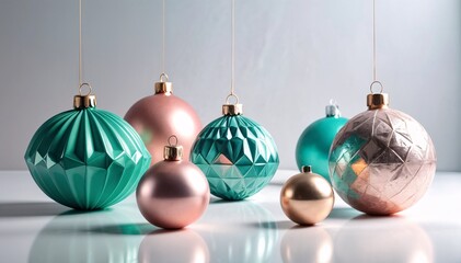 Pastel teal and rose gold geometric Christmas baubles on reflective surface