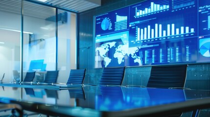 A modern conference room with a large table and multiple black chairs. A digital screen displays various graphs and world maps, emphasizing technology and data analysis.