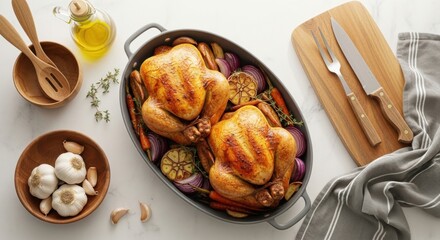 Gourmet roasted chicken dinner for a family celebration. Cooked with fresh herbs garlic onion and carrots. Holiday meal preparation and festive food concept. Culinary flat lay with carving set