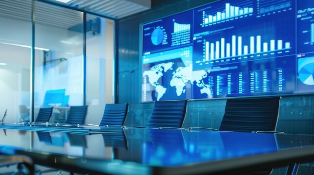 A modern conference room with a large table and multiple black chairs. A digital screen displays various graphs and world maps, emphasizing technology and data analysis. - Powered by Adobe