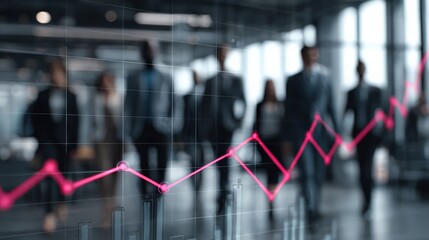 A blurred shot of business professionals in suits walking, representing upward movement with a vibrant rising graph overlaid. ..Created with Generative AI, not depicting real subjects.