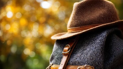 Close up of a classic brown hat and leather accented backpack, symbolizing travel and exploration. Autumn colors and soft bokeh evoke a sense of wanderlust and rustic charm