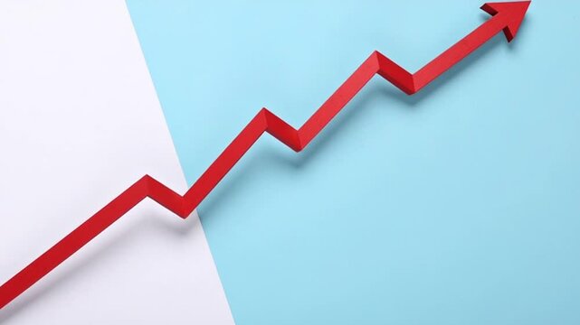 Animated red arrow graph trending upward on a split blue and white background, symbolizing growth