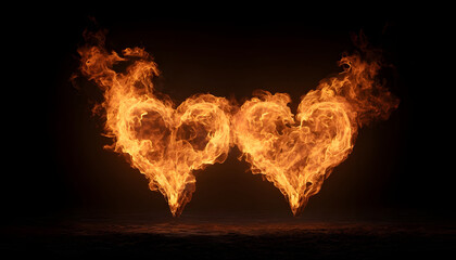 Fototapeta premium Two flaming Valentine love hearts burn passionately on black screen overlay