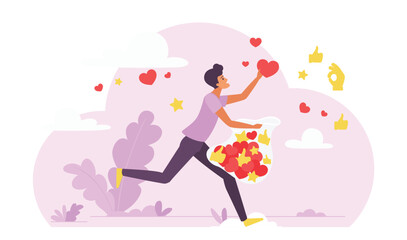 Likes and positive feedback collection, effective marketing campaign for social media content concept vector illustration. Cartoon tiny man holding bag and running to collect and catch flying hearts