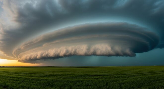 Panoramic supercell thunderstorm over a vast green field. Extreme weather event with a mesocyclone formation. Natural disaster and climate change concept. Rural agriculture landscape at sunset