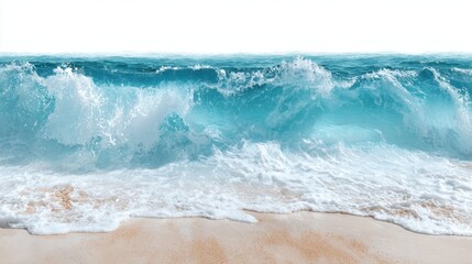 Fototapeta premium Under a bright blue sky, waves roll onto the sandy shore, creating foam as they break. The scene captures a peaceful moment at the beach with vibrant ocean colors.