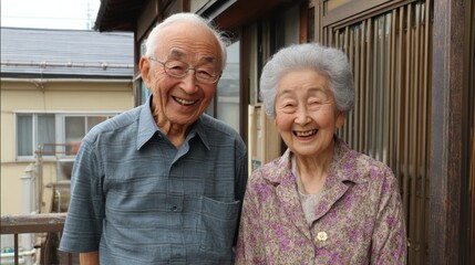 Two elderly people share a joyful moment on a porch of a traditional Japanese house. Their warm smiles indicate a happy relationship. The background shows typical home details.