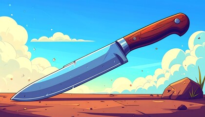 Cartoon-style illustration of a large knife in desert scene