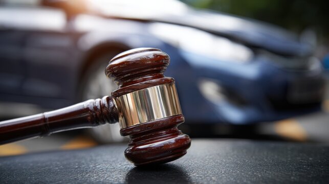 A wooden gavel rests on a black surface near a parked blue car, symbolizing the intersection of law and automotive issues on a clear day. Legal themes are apparent in this scene.