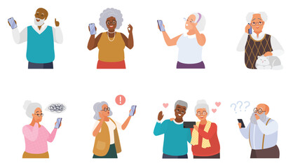 Old people with phones set vector illustration. Cartoon isolated senior woman and man hold smartphone with confused or happy, sad or worry expression on face, older users call on cellphone with smiles