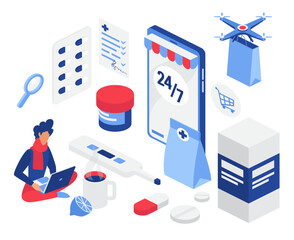 Online drug store pharmacy store concept isometric vector illustration