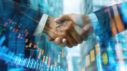 Two business professionals shake hands in a modern office setting. Digital graphs and data overlays suggest a focus on finance and technology.