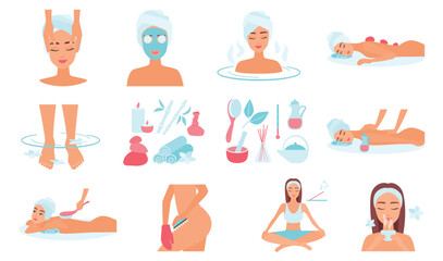 Wellness and spa set vector illustration. Cartoon facial skincare treatment and tools, beauty oil massage and aromatherapy, stone therapy for foot and hands, body of female characters in spa salon