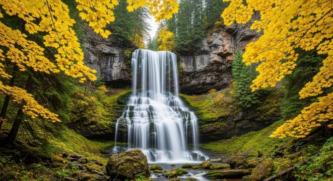 Majestic waterfall in an autumn forest with vibrant yellow leaves. Scenic nature landscape with long exposure water. Travel destination and wilderness exploration concept - Powered by Adobe