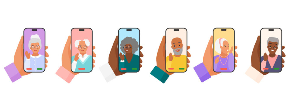 Video call to old grandparents, virtual conference set vector illustration. Cartoon isolated hands holding phone to talk to elderly grandfather and grandmother, woman and man on screen wave and say hi