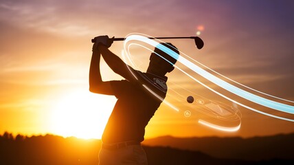Golfer silhouette against vibrant sunset sky, dynamic swing analysis with glowing tech overlay, showing golf ball trajectory, performance data. Modern sports technology, active outdoor leisure acti