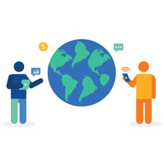 Two Abstract Characters Connecting Globally with Earth and Digital Communication Icons