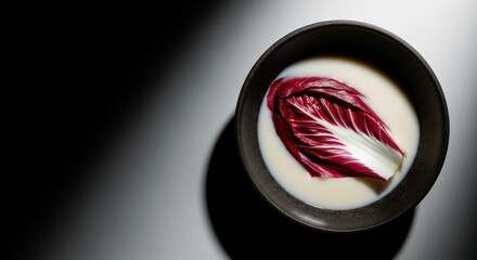 Red radicchio leaf in a white creamy liquid. Minimalist food art in a dark ceramic bowl. Abstract culinary concept for gourmet dining. Top view flat lay with dramatic lighting