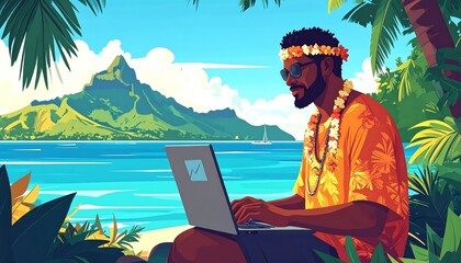 Cartoon-style illustration of a man working on a laptop at a tropical beach