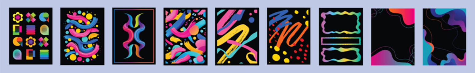 Vibrant abstract graphic elements collection featuring dynamic shapes, flowing lines, bold brushstrokes, and bright gradient colors on a sleek background for modern designs