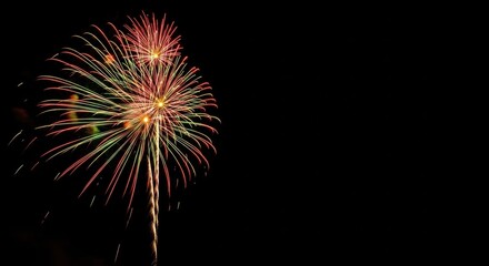 Vibrant pyrotechnic display for holiday celebration. New Year's Eve or Independence Day event. Festive entertainment with copy space. Abstract success and achievement concept