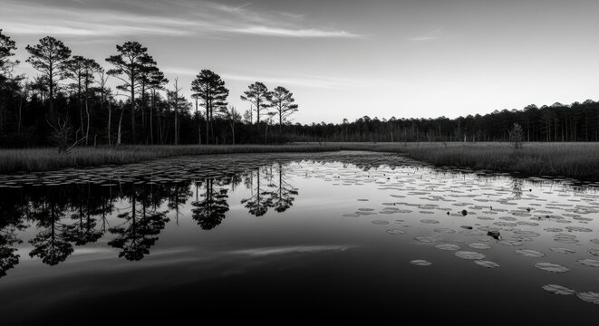 Serene monochrome landscape of a wetland at dusk. Pine trees and lily pads reflecting in still water. High contrast black and white nature scene. Concept of tranquility and environmental conservation - Powered by Adobe