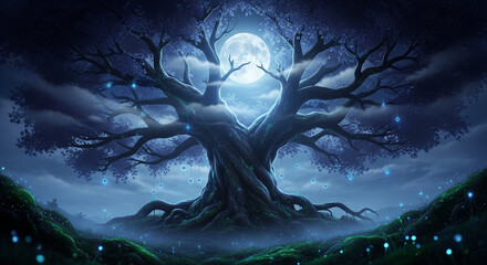 big tree at night with a bright moon
