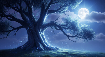 big tree at night with a bright moon
