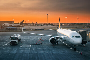 Tank truck refueling an airplane on the airport runway during a stunning sunset, casting warm hues across the evening sky