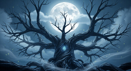 big tree at night with a bright moon