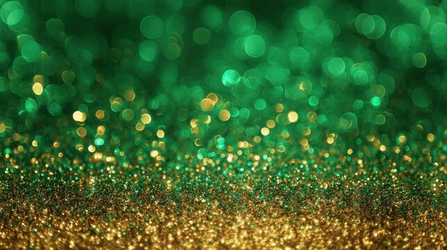Bright green and gold bokeh lights sparkle together, creating a festive and joyful atmosphere perfect for parties, celebrations, and special occasions. The shimmering effect adds elegance.