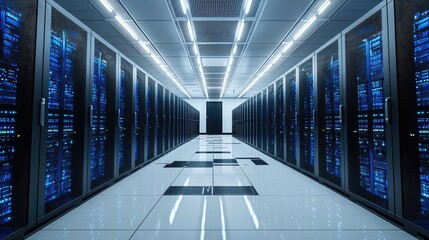 Fototapeta premium Futuristic data center corridor with rows of black server racks illuminated by blue lights, ideal for illustrating AI, IT infrastructure, and cloud computing technology concepts