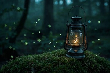 Vintage lantern glowing in dark forest with fireflies