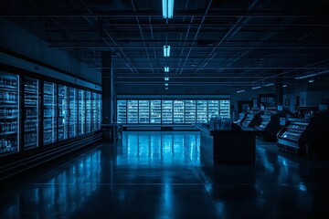 Empty supermarket at night with blue fluorescent lighting