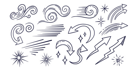 Abstract black line art doodle elements with swirls motion lines arrows and sparkles on a white background