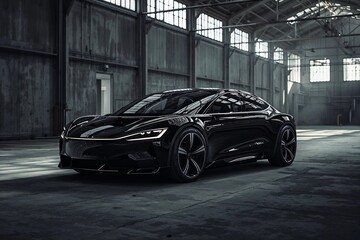 Black luxury sports car in modern industrial warehouse