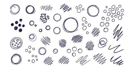 Abstract doodle pack featuring hand drawn circles dots dashes and scribbled line art in black ink