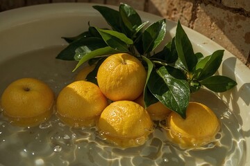 Fresh lemons with green leaves in vintage sink under sunlight