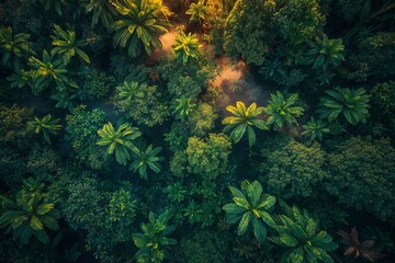 Tropical rainforest aerial view with morning sunlight and mist