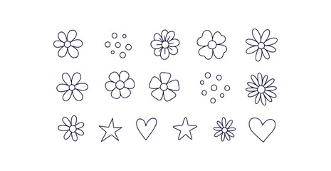 Charming hand drawn collection of simple floral elements stars hearts and dots in black outline